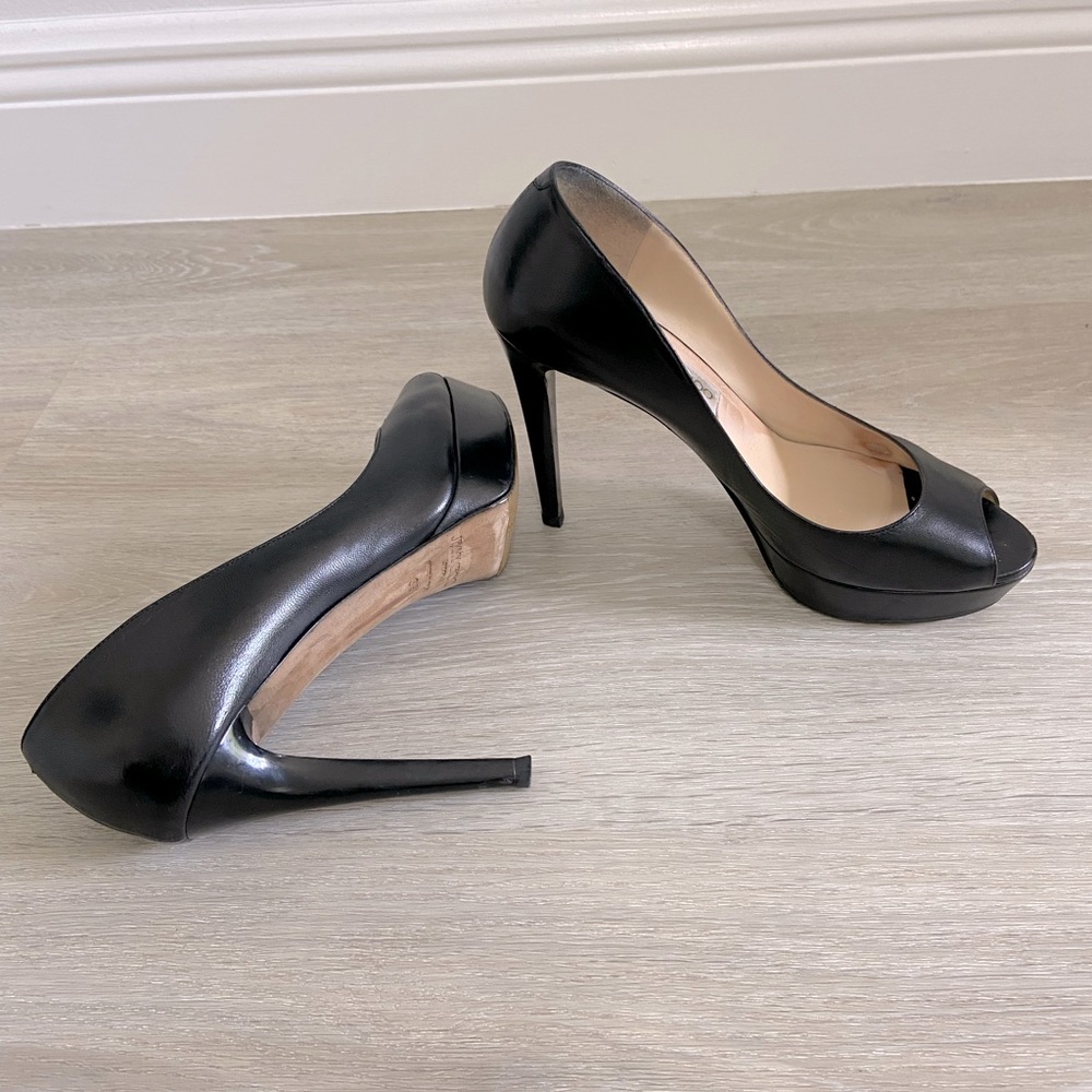 Jimmy Choo Dahlia Kid Black Leather Platform Peep Toe Heels